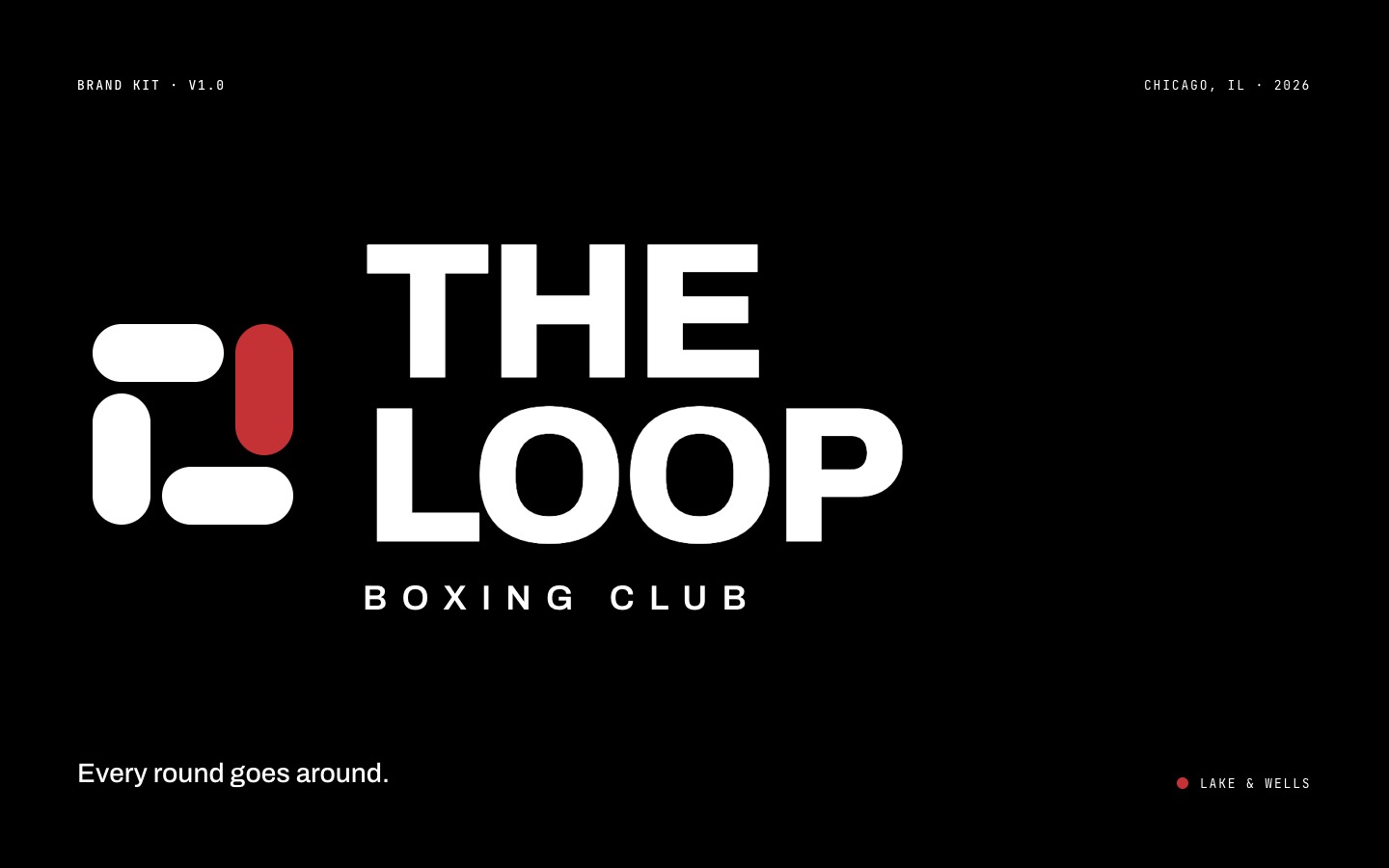 The Loop Boxing Club brand kit cover: white pinwheel icon with one red car and THE LOOP BOXING CLUB wordmark on black