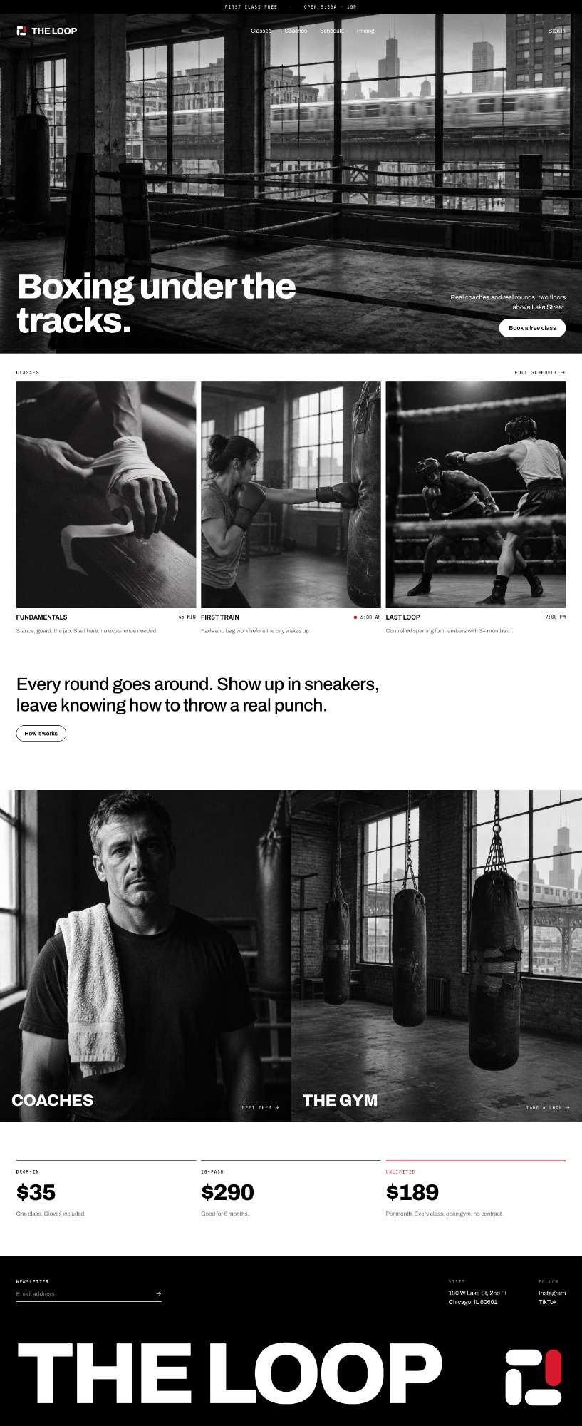 The finished Loop Boxing Club homepage with black and white photos, class cards, pricing and a large THE LOOP footer