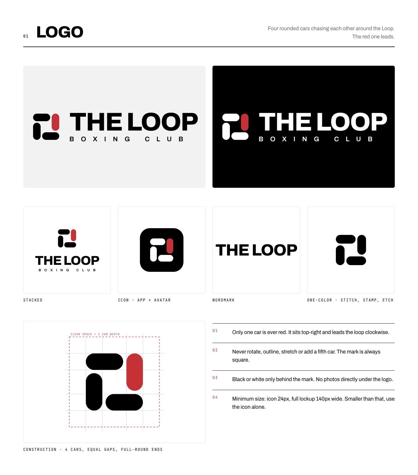 The Loop Boxing Club logo system: primary lockup on white and black, stacked logo, app icon, wordmark, one-color mark, construction grid and rules